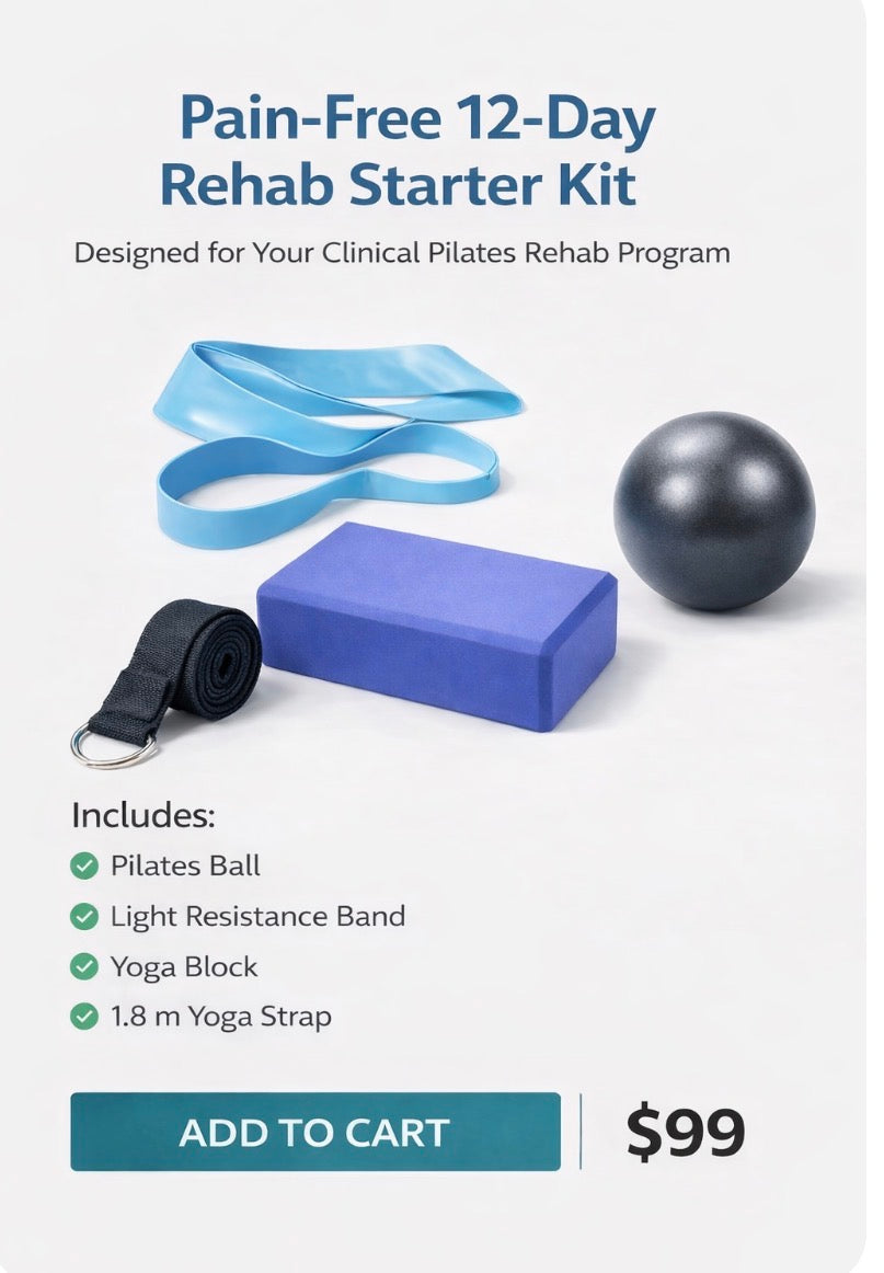Pain-Free 12-Day Rehab Starter Kit with Pilates ball, light resistance band, yoga block, and yoga strap on a white background.