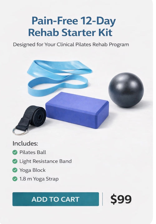 Pain-Free 12-Day Rehab Starter Kit with Pilates ball, light resistance band, yoga block, and yoga strap on a white background.